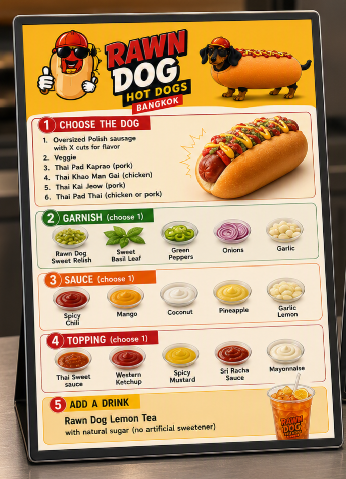 Rawn Dog vertical hot dog with toppings at a Bangkok street market