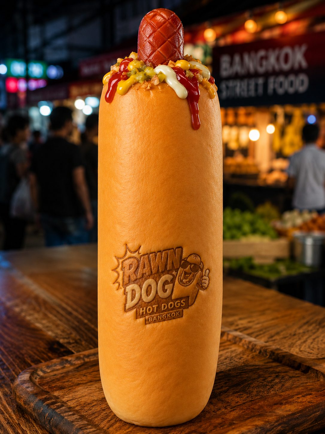 Rawn Dog oversized hot dog with branded bun, shot at a Bangkok street food market