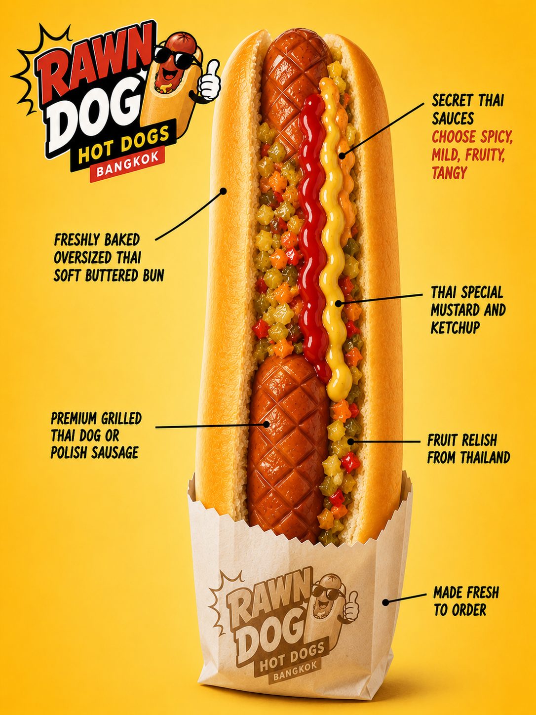 Cross section diagram of a Rawn Dog showing the oversized bun, premium sausage, secret Thai sauces, and fruit relish