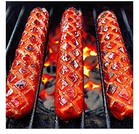 Sausages grilling with a signature criss-cross sear